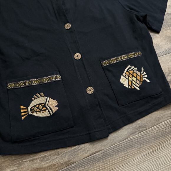 Wild Orchid Boho Black Button Front Shirt Fish Embroidery Pockets USA - Size XL - Picture 2 of 5